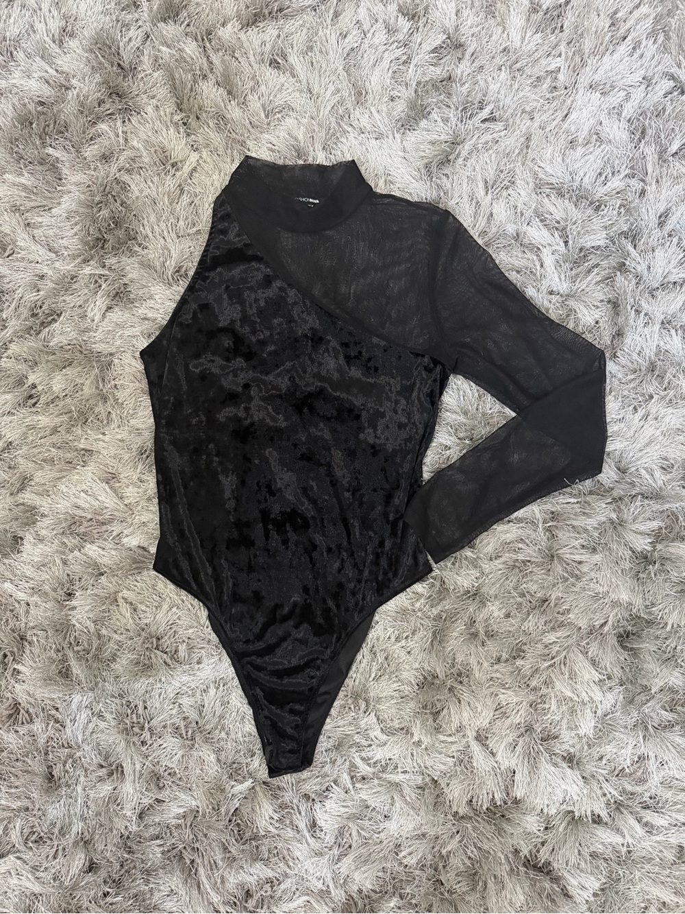 Black One-Shoulder Velvet & Mesh Bodysuit
